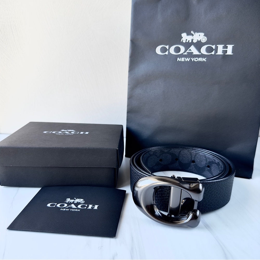 Coach 38mm Belt Sculpted Signature C Reversible Cut To Size Charcoal and Black